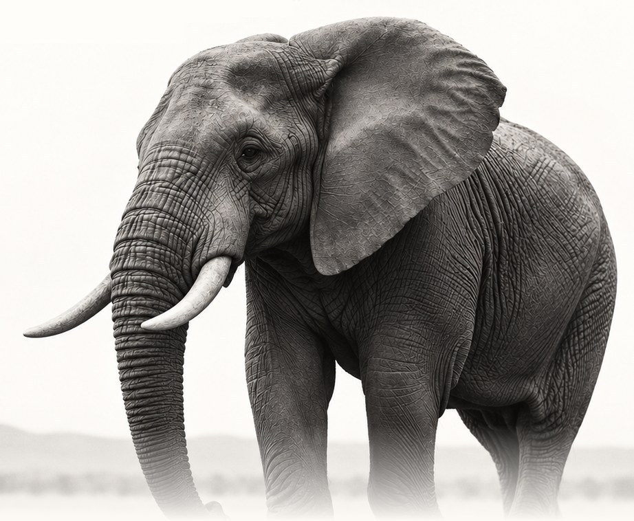 Elefante em preto e branco, símbolo da Noumos